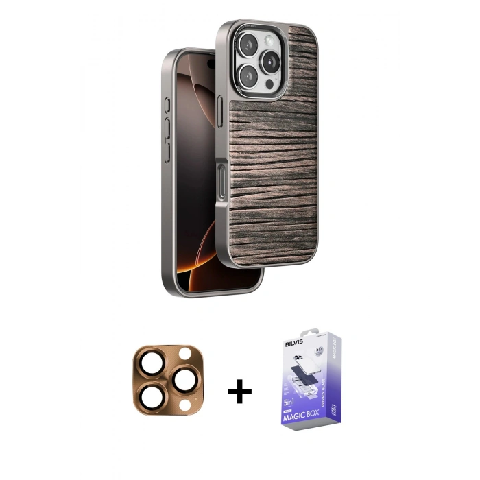 MARSİLYAN™- iPhone 16 Pro Max Kılıf Atlas Minimal Özel Seri - Siyah Bilvis 5in1 5D Magic Hayalet Cam Ekran Koruyucu + Pers Alüminyum Kamera Lens - CLTM