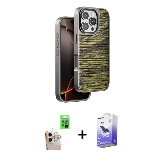 MARSİLYAN™- iPhone 16 Pro Max Kılıf Atlas Minimal Özel Seri - Siyah Bilvis 5in1 5D Magic Hayalet Cam Ekran Koruyucu + Raze Metal Kamera Lens - NLGY