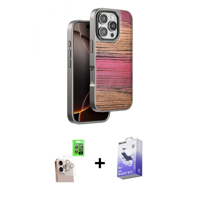 MARSİLYAN™- iPhone 16 Pro Max Kılıf Atlas Minimal Özel Seri - Siyah Bilvis 5in1 5D Magic Hayalet Cam Ekran Koruyucu + Raze Metal Kamera Lens - NLGY