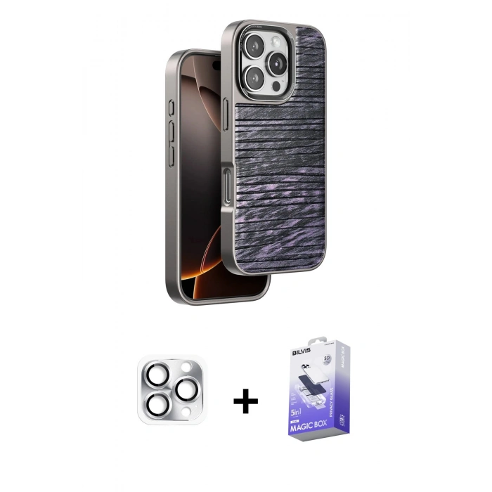 MARSİLYAN™- iPhone 16 Pro Max Kılıf Atlas Minimal Özel Seri - Siyah Bilvis 5in1 5D Magic Hayalet Cam Ekran Koruyucu + Pers Alüminyum Kamera Lens - GS