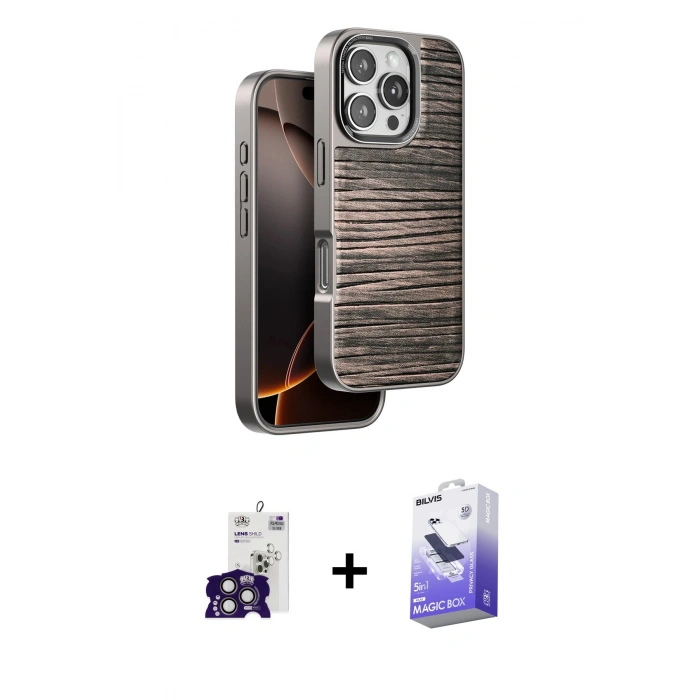MARSİLYAN™- iPhone 16 Pro Max Kılıf Atlas Minimal Özel Seri - Siyah Bilvis 5in1 5D Magic Hayalet Cam Ekran Koruyucu + Bilvis Titan Kamera Lens - TMGI