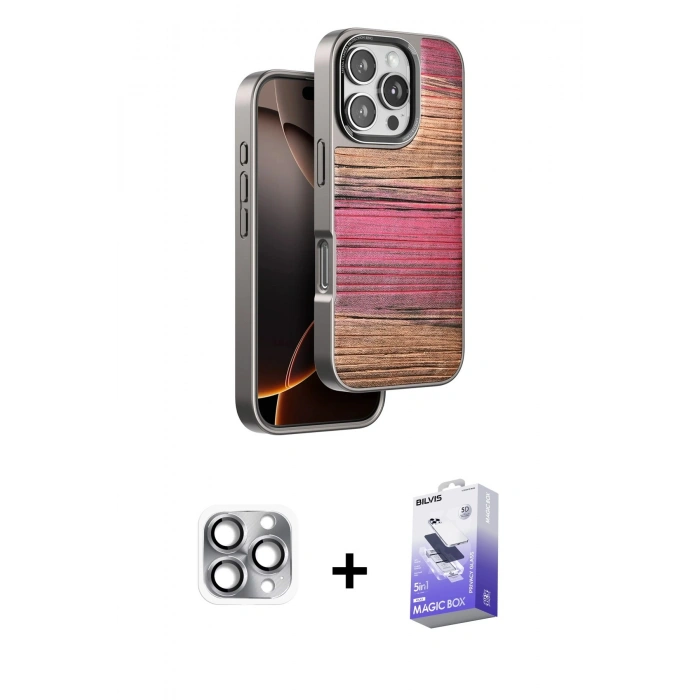 MARSİLYAN™- iPhone 16 Pro Max Kılıf Atlas Minimal Özel Seri - Siyah Bilvis 5in1 5D Magic Hayalet Cam Ekran Koruyucu + Pers Alüminyum Kamera Lens - GI