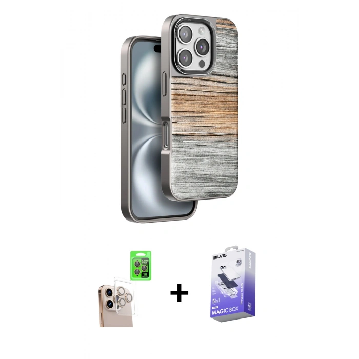 MARSİLYAN™- iPhone 16 Pro Max Kılıf Atlas Minimal Özel Seri - Siyah Bilvis 5in1 5D Magic Hayalet Cam Ekran Koruyucu + Raze Metal Kamera Lens - NLGY