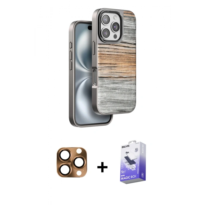 MARSİLYAN™- iPhone 16 Pro Max Kılıf Atlas Minimal Özel Seri - Siyah Bilvis 5in1 5D Magic Hayalet Cam Ekran Koruyucu + Pers Alüminyum Kamera Lens - CLTM