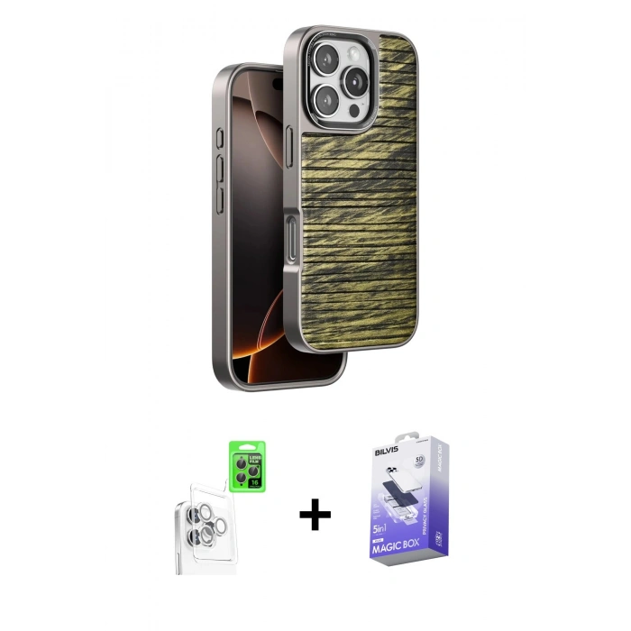 MARSİLYAN™- iPhone 16 Pro Max Kılıf Atlas Minimal Özel Seri - Siyah Bilvis 5in1 5D Magic Hayalet Cam Ekran Koruyucu + Beyaz Raze Metal Kamera Lens