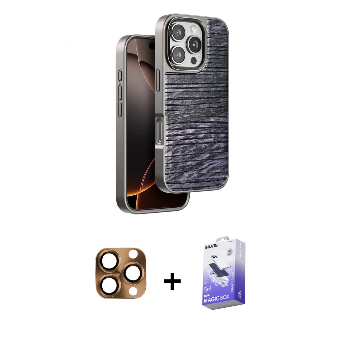 MARSİLYAN™- iPhone 16 Pro Max Kılıf Atlas Minimal Özel Seri - Siyah Bilvis 5in1 5D Magic Hayalet Cam Ekran Koruyucu + Pers Alüminyum Kamera Lens - CLTM
