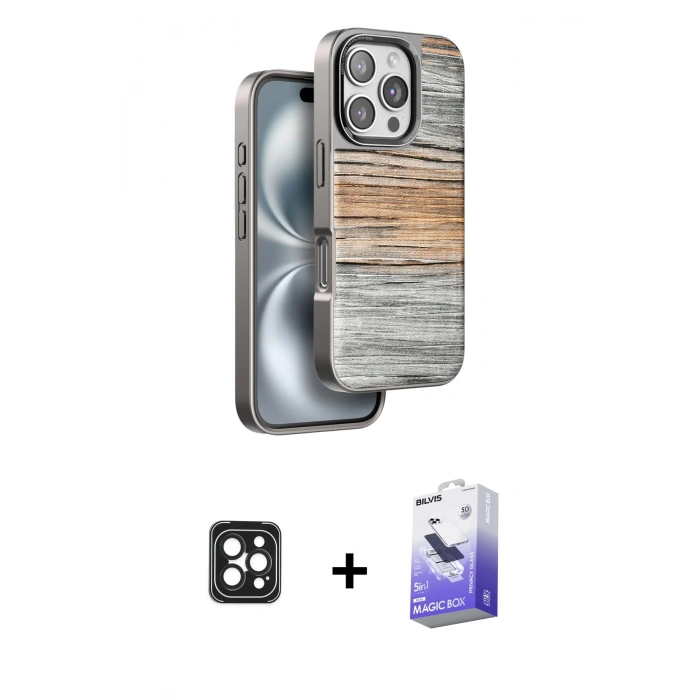 MARSİLYAN™- iPhone 16 Pro Max Kılıf Atlas Minimal Özel Seri - Siyah Bilvis 5in1 5D Magic Hayalet Cam Ekran Koruyucu + PVD Metal Kamera Lens - SH