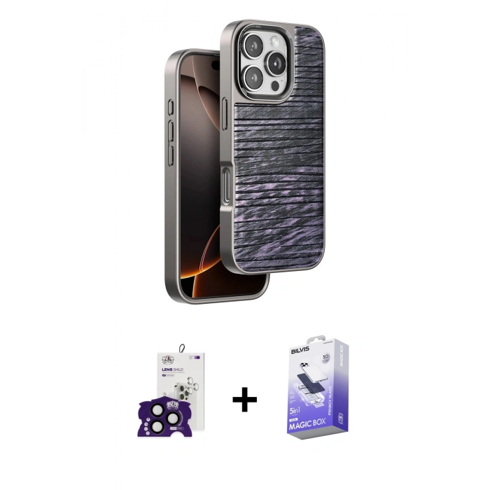 MARSİLYAN™- iPhone 16 Pro Max Kılıf Atlas Minimal Özel Seri - Siyah Bilvis 5in1 5D Magic Hayalet Cam Ekran Koruyucu + Bilvis Titan Kamera Lens - SH