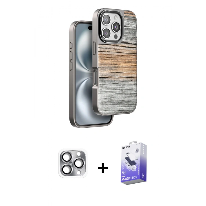 MARSİLYAN™- iPhone 16 Pro Max Kılıf Atlas Minimal Özel Seri - Siyah Bilvis 5in1 5D Magic Hayalet Cam Ekran Koruyucu + Pers Alüminyum Kamera Lens - GI
