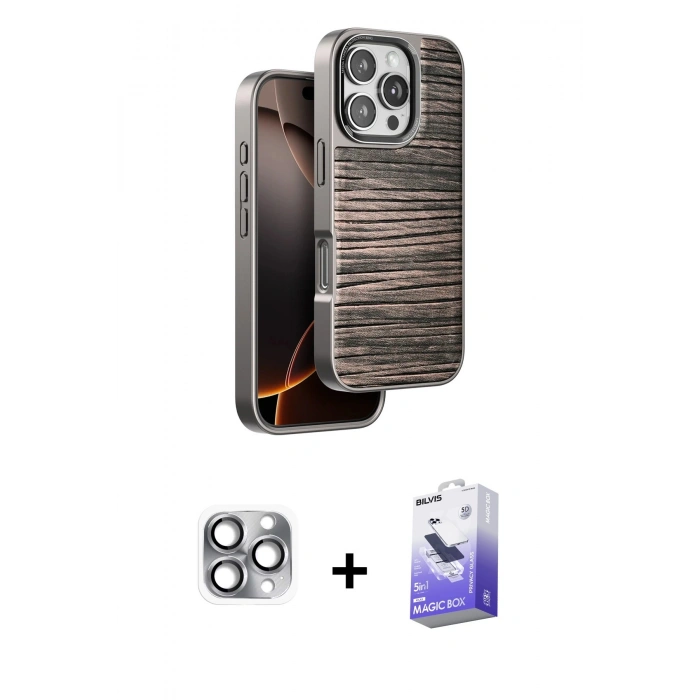MARSİLYAN™- iPhone 16 Pro Max Kılıf Atlas Minimal Özel Seri - Siyah Bilvis 5in1 5D Magic Hayalet Cam Ekran Koruyucu + Pers Alüminyum Kamera Lens - GI