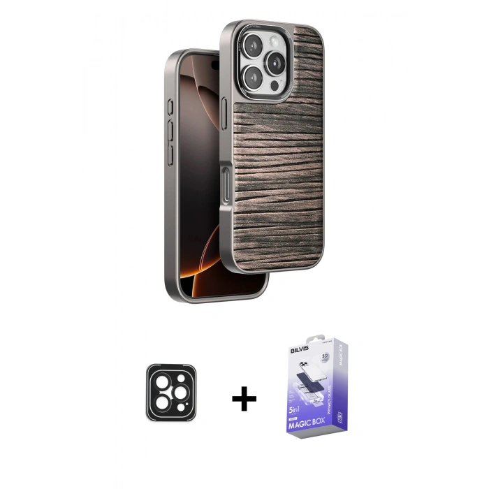MARSİLYAN™- iPhone 16 Pro Max Kılıf Atlas Minimal Özel Seri - Siyah Bilvis 5in1 5D Magic Hayalet Cam Ekran Koruyucu + PVD Metal Kamera Lens - SH
