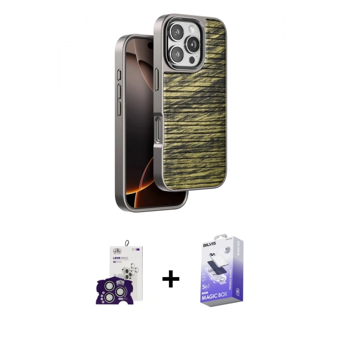MARSİLYAN™- iPhone 16 Pro Max Kılıf Atlas Minimal Özel Seri - Siyah Bilvis 5in1 5D Magic Hayalet Cam Ekran Koruyucu + Bilvis Titan Kamera Lens - GS
