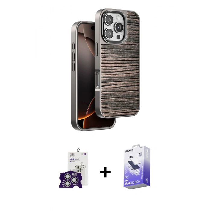 MARSİLYAN™- iPhone 16 Pro Max Kılıf Atlas Minimal Özel Seri - Siyah Bilvis 5in1 5D Magic Hayalet Cam Ekran Koruyucu + Bilvis Titan Kamera Lens - GS