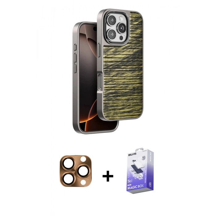 MARSİLYAN™- iPhone 16 Pro Max Kılıf Atlas Minimal Özel Seri - Siyah Bilvis 5in1 5D Magic Hayalet Cam Ekran Koruyucu + Pers Alüminyum Kamera Lens - CLTM