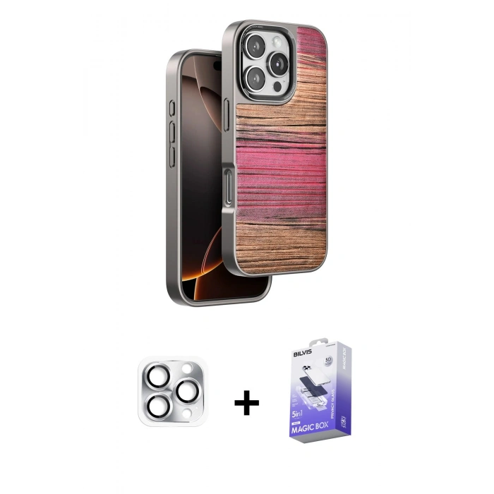 MARSİLYAN™- iPhone 16 Pro Max Kılıf Atlas Minimal Özel Seri - Siyah Bilvis 5in1 5D Magic Hayalet Cam Ekran Koruyucu + Pers Alüminyum Kamera Lens - GS