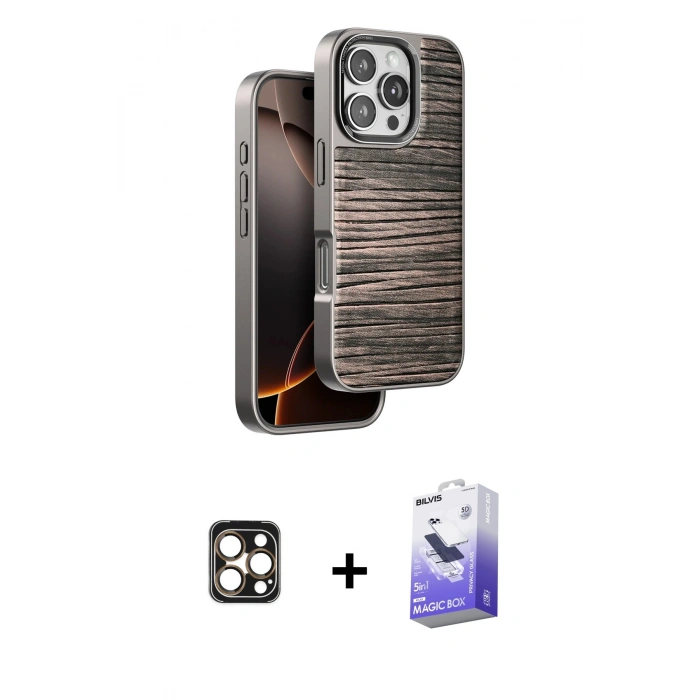 MARSİLYAN™- iPhone 16 Pro Max Kılıf Atlas Minimal Özel Seri - Siyah Bilvis 5in1 5D Magic Hayalet Cam Ekran Koruyucu + Gold PVD Metal Kamera Lens