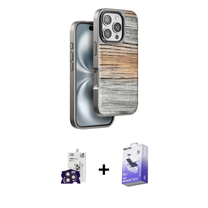 MARSİLYAN™- iPhone 16 Pro Max Kılıf Atlas Minimal Özel Seri - Siyah Bilvis 5in1 5D Magic Hayalet Cam Ekran Koruyucu + Bilvis Titan Kamera Lens - TMGI