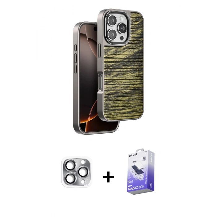 MARSİLYAN™- iPhone 16 Pro Max Kılıf Atlas Minimal Özel Seri - Siyah Bilvis 5in1 5D Magic Hayalet Cam Ekran Koruyucu + Pers Alüminyum Kamera Lens - GI
