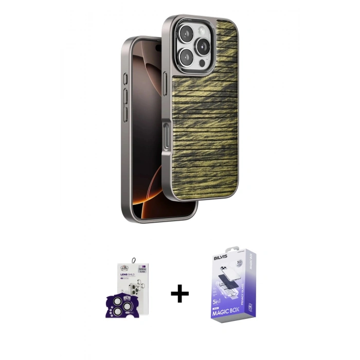 MARSİLYAN™- iPhone 16 Pro Max Kılıf Atlas Minimal Özel Seri - Siyah Bilvis 5in1 5D Magic Hayalet Cam Ekran Koruyucu + Bilvis Titan Kamera Lens - TMGI