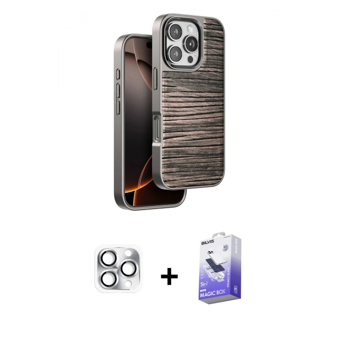 MARSİLYAN™- iPhone 16 Pro Max Kılıf Atlas Minimal Özel Seri - Siyah Bilvis 5in1 5D Magic Hayalet Cam Ekran Koruyucu + Pers Alüminyum Kamera Lens - GS