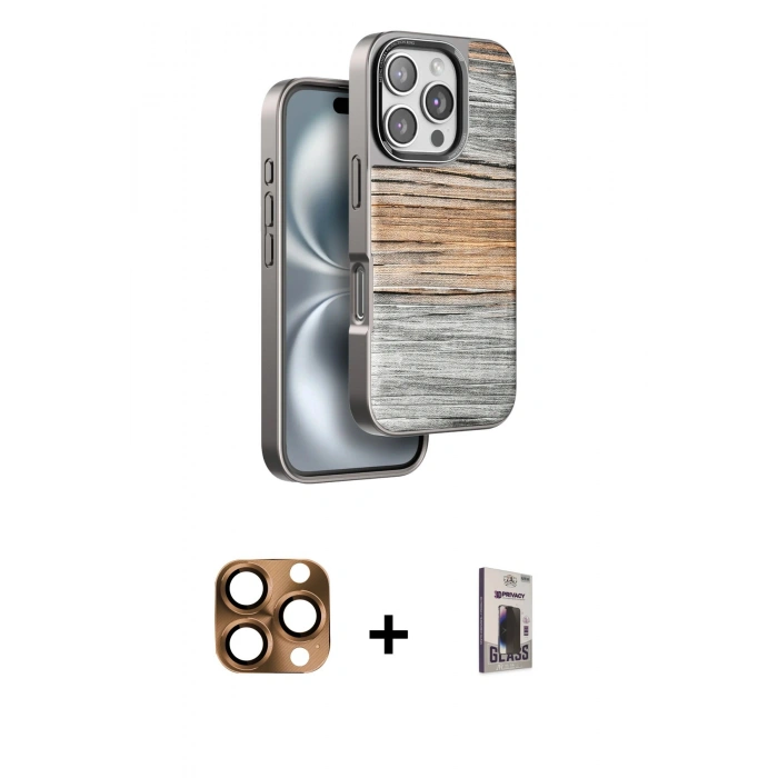 MARSİLYAN™- iPhone 16 Pro Max Kılıf Atlas Minimal Özel Seri - Siyah Bilvis Hayalet Cam Ekran Koruyucu + Çöl Titanyum Pers Alüminyum Kamera Lens