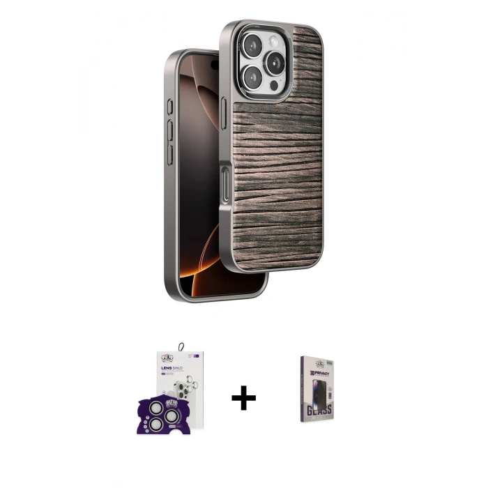 MARSİLYAN™- iPhone 16 Pro Max Kılıf Atlas Minimal Özel Seri - Siyah Bilvis Hayalet Cam Ekran Koruyucu + Bilvis Titan Kamera Lens - GS