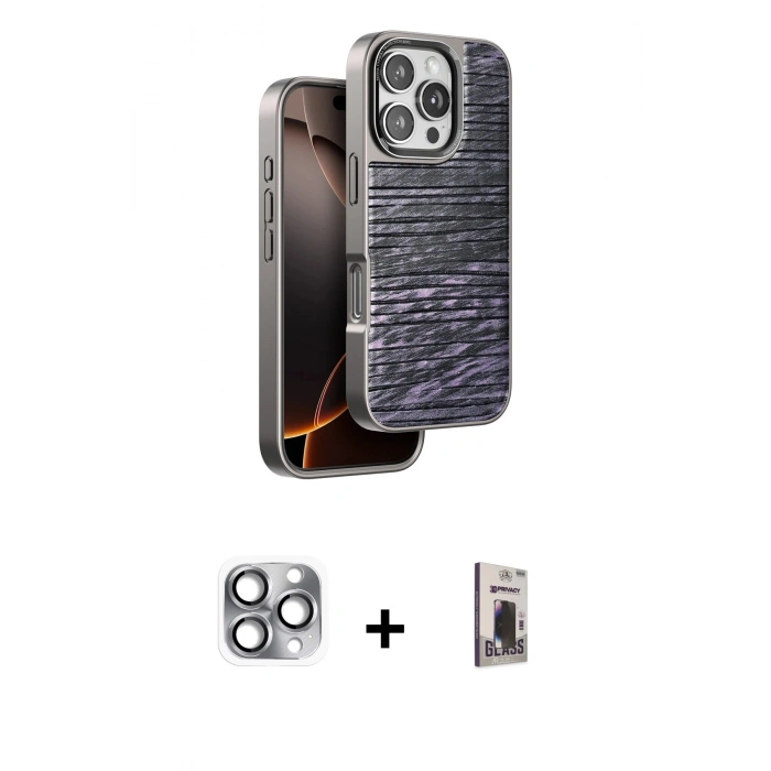 MARSİLYAN™- iPhone 16 Pro Max Kılıf Atlas Minimal Özel Seri - Siyah Bilvis Hayalet Cam Ekran Koruyucu + Pers Alüminyum Kamera Lens - GI