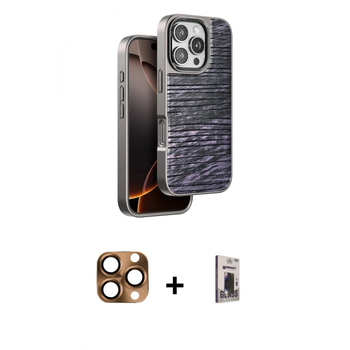 MARSİLYAN™- iPhone 16 Pro Max Kılıf Atlas Minimal Özel Seri - Siyah Bilvis Hayalet Cam Ekran Koruyucu + Pers Alüminyum Kamera Lens - CLTM