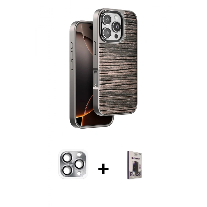 MARSİLYAN™- iPhone 16 Pro Max Kılıf Atlas Minimal Özel Seri - Siyah Bilvis Hayalet Cam Ekran Koruyucu + Pers Alüminyum Kamera Lens - GI