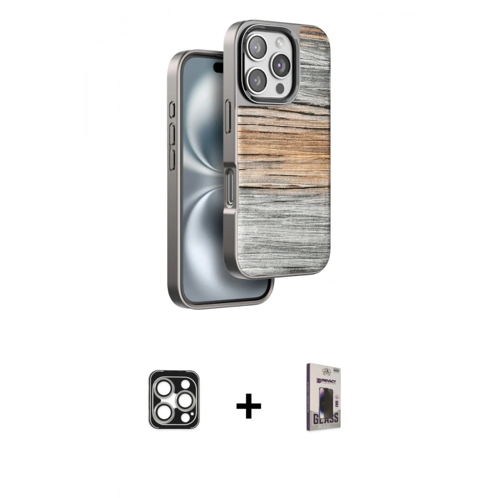 MARSİLYAN™- iPhone 16 Pro Max Kılıf Atlas Minimal Özel Seri - Siyah Bilvis Hayalet Cam Ekran Koruyucu + PVD Metal Kamera Lens - GS