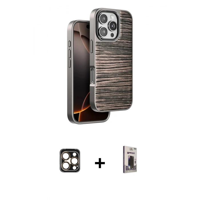 MARSİLYAN™- iPhone 16 Pro Max Kılıf Atlas Minimal Özel Seri - Siyah Bilvis Hayalet Cam Ekran Koruyucu + PVD Metal Kamera Lens - GD
