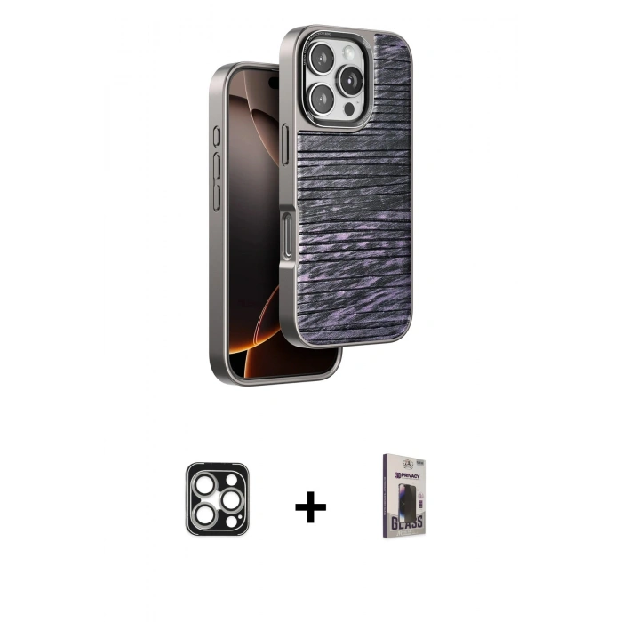 MARSİLYAN™- iPhone 16 Pro Max Kılıf Atlas Minimal Özel Seri - Siyah Bilvis Hayalet Cam Ekran Koruyucu + PVD Metal Kamera Lens - GS