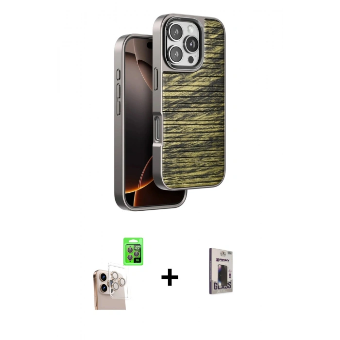 MARSİLYAN™- iPhone 16 Pro Max Kılıf Atlas Minimal Özel Seri - Siyah Bilvis Hayalet Cam Ekran Koruyucu + Raze Metal Kamera Lens - NLGY