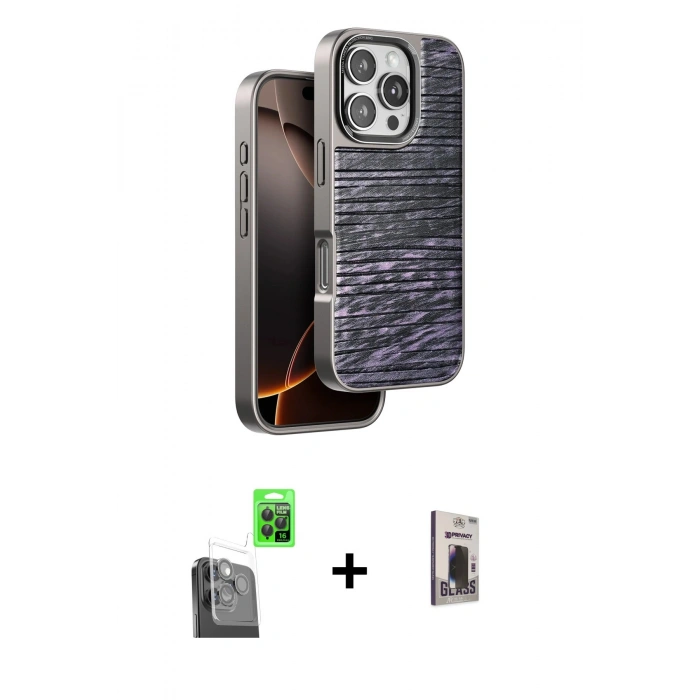 MARSİLYAN™- iPhone 16 Pro Max Kılıf Atlas Minimal Özel Seri - Siyah Bilvis Hayalet Cam Ekran Koruyucu + Raze Metal Kamera Lens - SH
