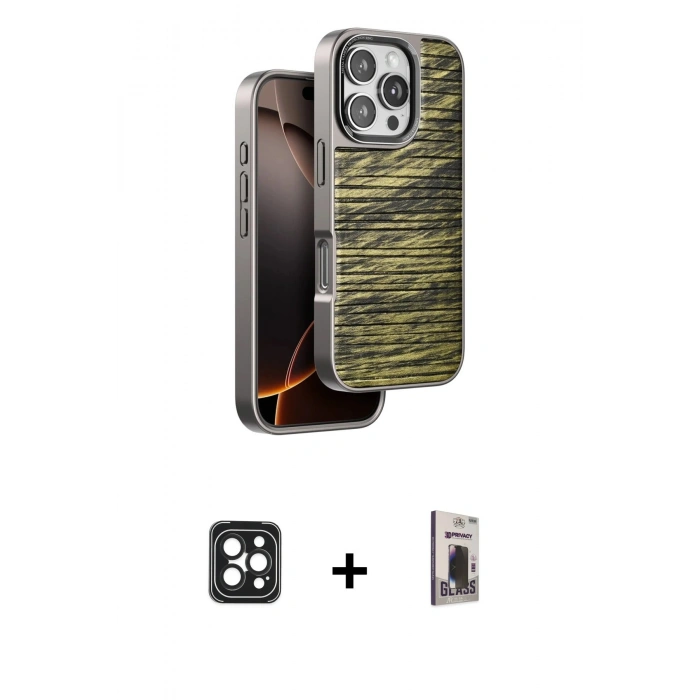 MARSİLYAN™- iPhone 16 Pro Max Kılıf Atlas Minimal Özel Seri - Siyah Bilvis Hayalet Cam Ekran Koruyucu + PVD Metal Kamera Lens - SH