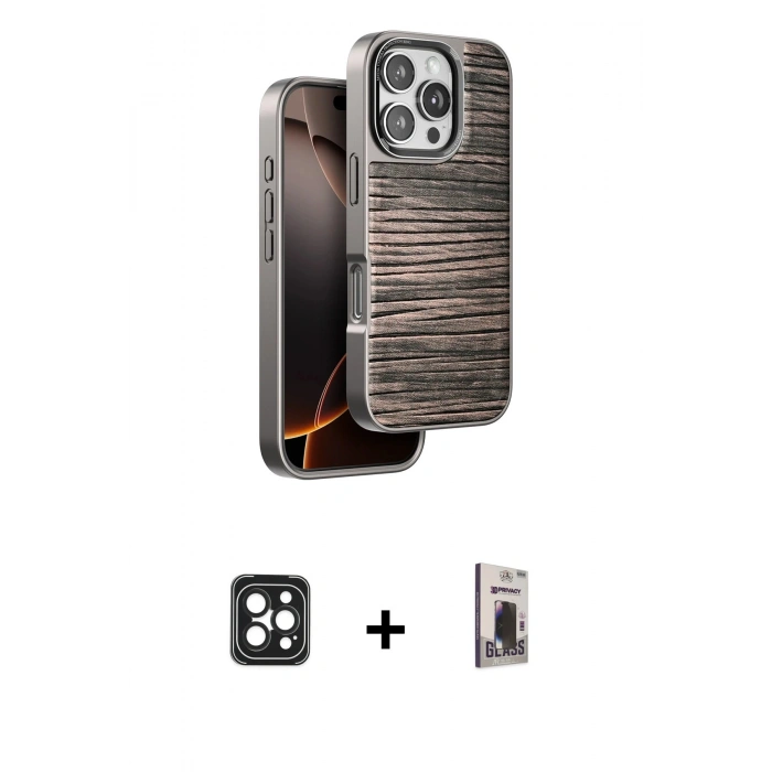 MARSİLYAN™- iPhone 16 Pro Max Kılıf Atlas Minimal Özel Seri - Siyah Bilvis Hayalet Cam Ekran Koruyucu + PVD Metal Kamera Lens - SH