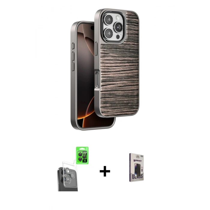 MARSİLYAN™- iPhone 16 Pro Max Kılıf Atlas Minimal Özel Seri - Siyah Bilvis Hayalet Cam Ekran Koruyucu + Raze Metal Kamera Lens - SH