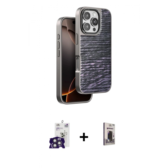 MARSİLYAN™- iPhone 16 Pro Max Kılıf Atlas Minimal Özel Seri - Siyah Bilvis Hayalet Cam Ekran Koruyucu + Bilvis Titan Kamera Lens - TMGI