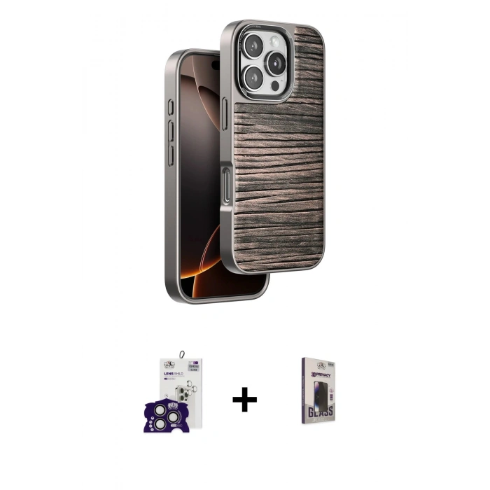 MARSİLYAN™- iPhone 16 Pro Max Kılıf Atlas Minimal Özel Seri - Siyah Bilvis Hayalet Cam Ekran Koruyucu + Bilvis Titan Kamera Lens - TMGI