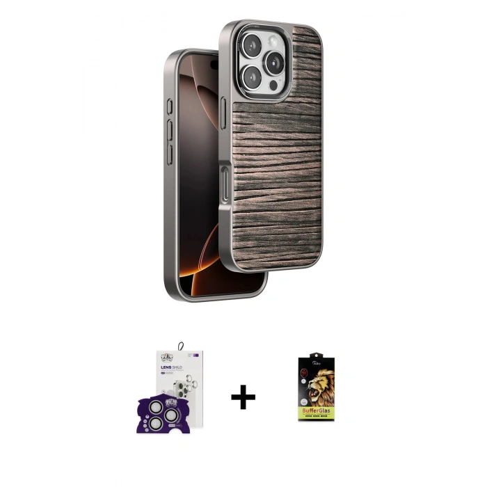 MARSİLYAN™- iPhone 16 Pro Max Kılıf Atlas Minimal Özel Seri - Siyah Buffer Cam Ekran Koruyucu + Bilvis Titan Kamera Lens - GS