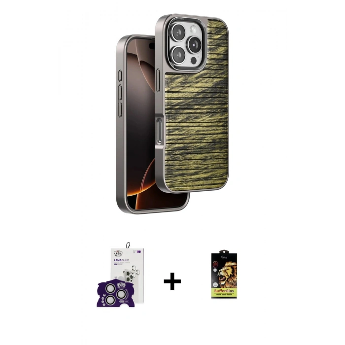 MARSİLYAN™- iPhone 16 Pro Max Kılıf Atlas Minimal Özel Seri - Siyah Buffer Cam Ekran Koruyucu + Bilvis Titan Kamera Lens - GS