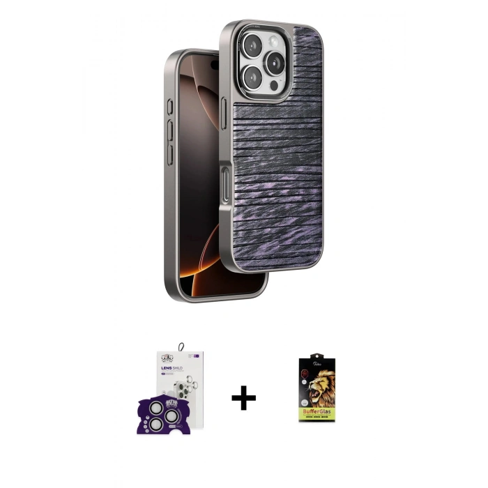 MARSİLYAN™- iPhone 16 Pro Max Kılıf Atlas Minimal Özel Seri - Siyah Buffer Cam Ekran Koruyucu + Bilvis Titan Kamera Lens - GS
