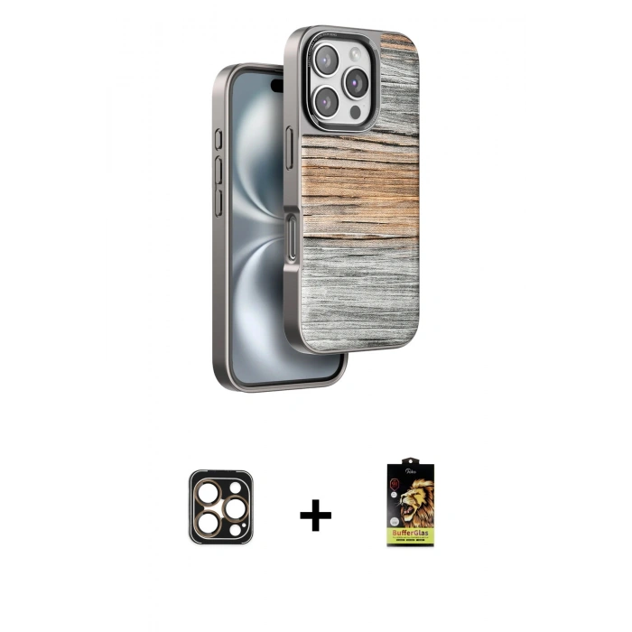 MARSİLYAN™- iPhone 16 Pro Max Kılıf Atlas Minimal Özel Seri - Siyah Buffer Cam Ekran Koruyucu + PVD Metal Kamera Lens - GD