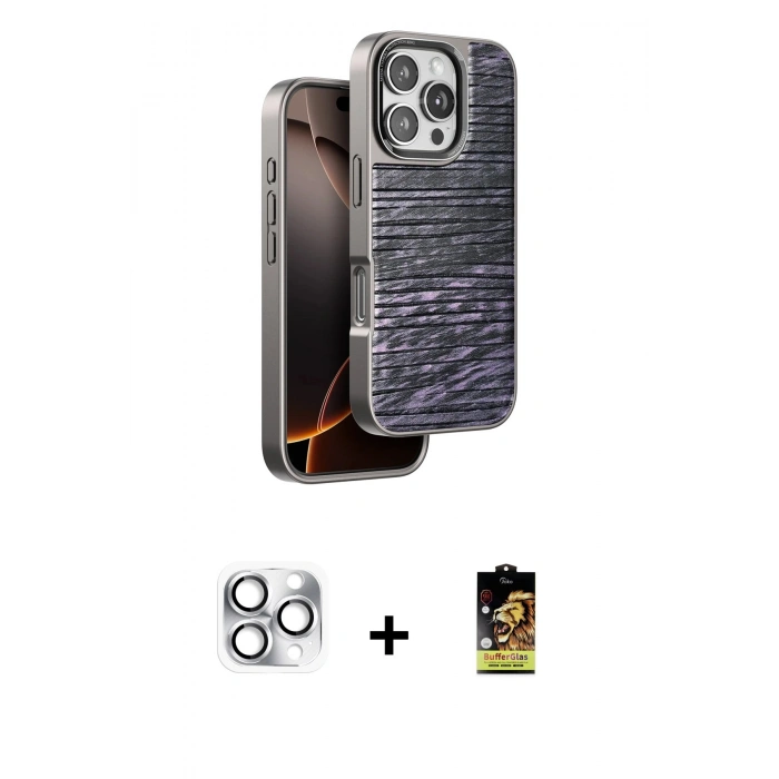 MARSİLYAN™- iPhone 16 Pro Max Kılıf Atlas Minimal Özel Seri - Siyah Buffer Cam Ekran Koruyucu + Pers Alüminyum Kamera Lens - GS