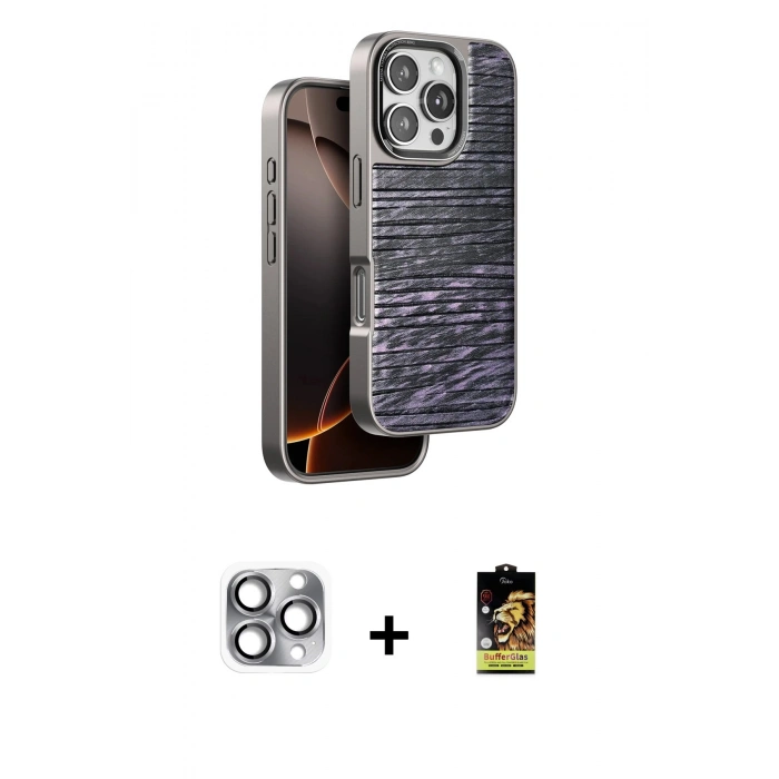 MARSİLYAN™- iPhone 16 Pro Max Kılıf Atlas Minimal Özel Seri - Siyah Buffer Cam Ekran Koruyucu + Pers Alüminyum Kamera Lens - GI