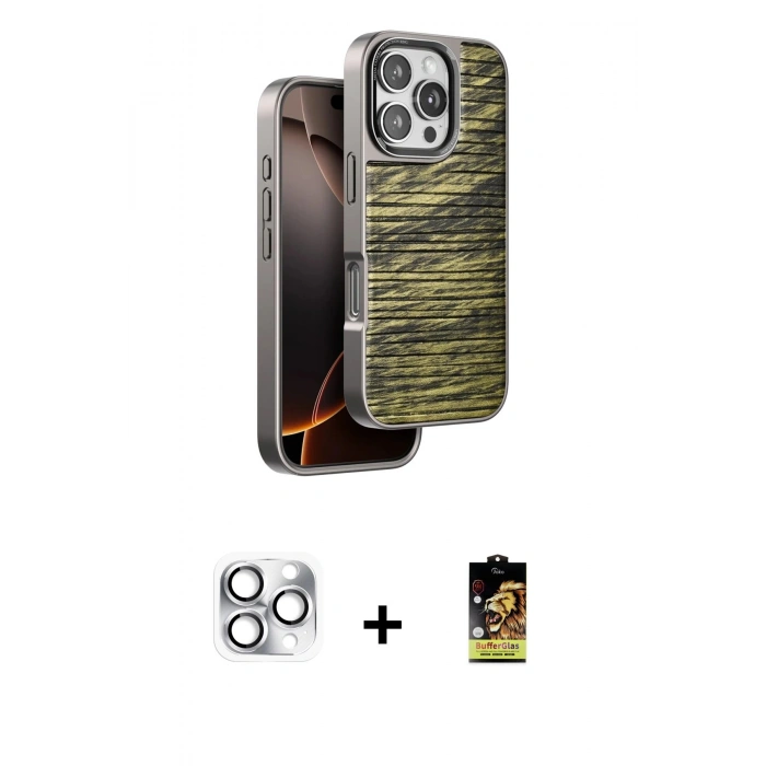 MARSİLYAN™- iPhone 16 Pro Max Kılıf Atlas Minimal Özel Seri - Siyah Buffer Cam Ekran Koruyucu + Pers Alüminyum Kamera Lens - GS