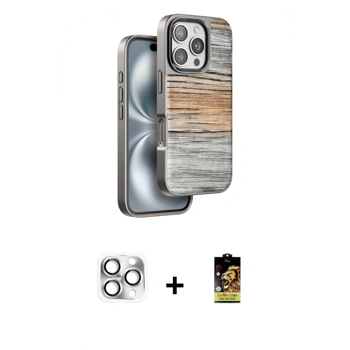 MARSİLYAN™- iPhone 16 Pro Max Kılıf Atlas Minimal Özel Seri - Siyah Buffer Cam Ekran Koruyucu + Pers Alüminyum Kamera Lens - GS
