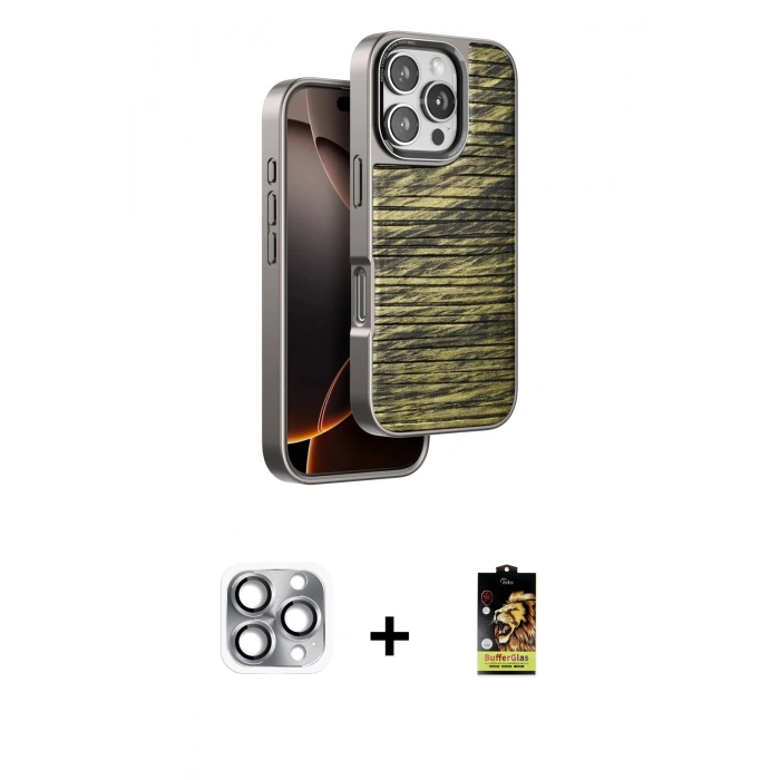 MARSİLYAN™- iPhone 16 Pro Max Kılıf Atlas Minimal Özel Seri - Siyah Buffer Cam Ekran Koruyucu + Pers Alüminyum Kamera Lens - GI
