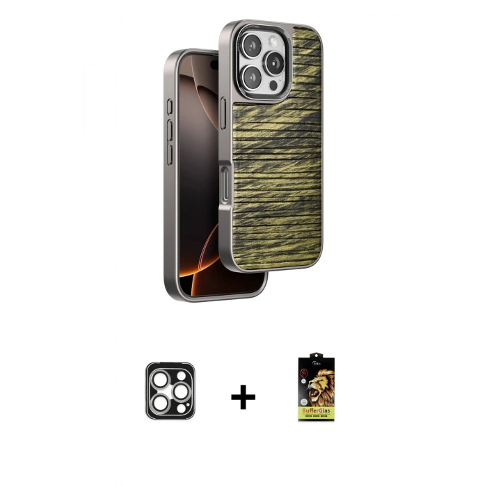 MARSİLYAN™- iPhone 16 Pro Max Kılıf Atlas Minimal Özel Seri - Siyah Buffer Cam Ekran Koruyucu + PVD Metal Kamera Lens - GS