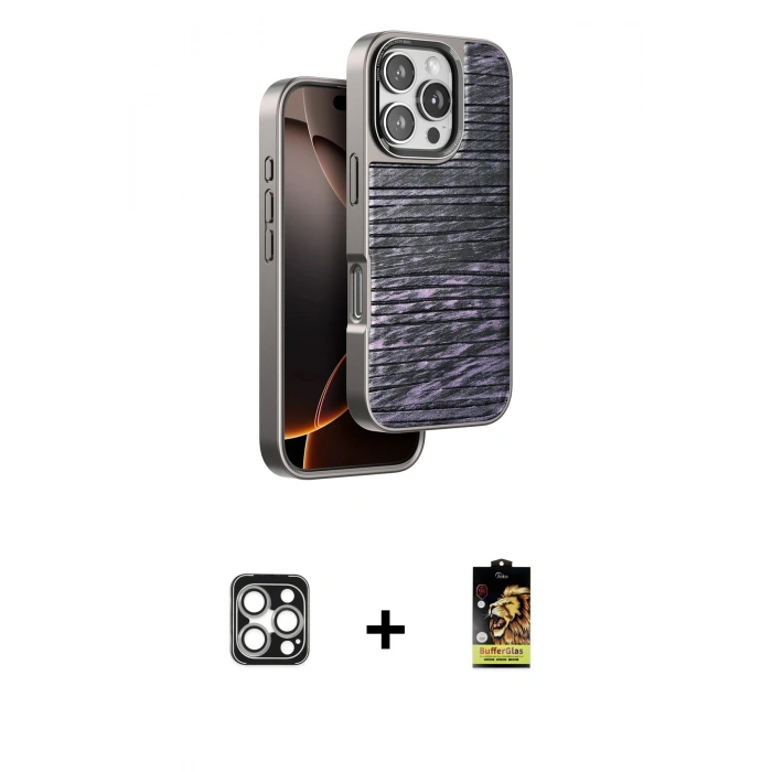 MARSİLYAN™- iPhone 16 Pro Max Kılıf Atlas Minimal Özel Seri - Siyah Buffer Cam Ekran Koruyucu + PVD Metal Kamera Lens - GS